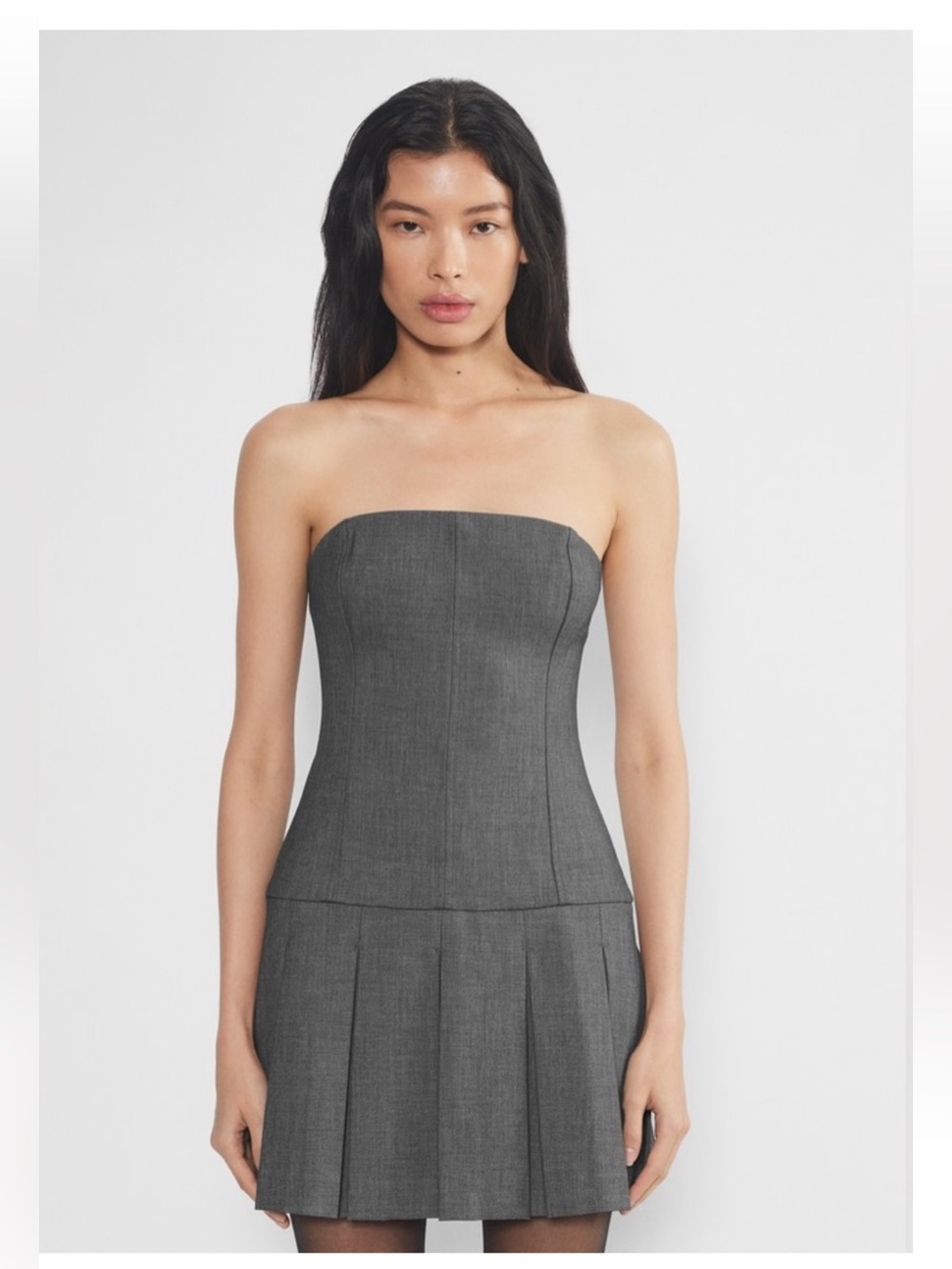 Wilfred Strapless Gray Ponte Dress with Pleated Skirt